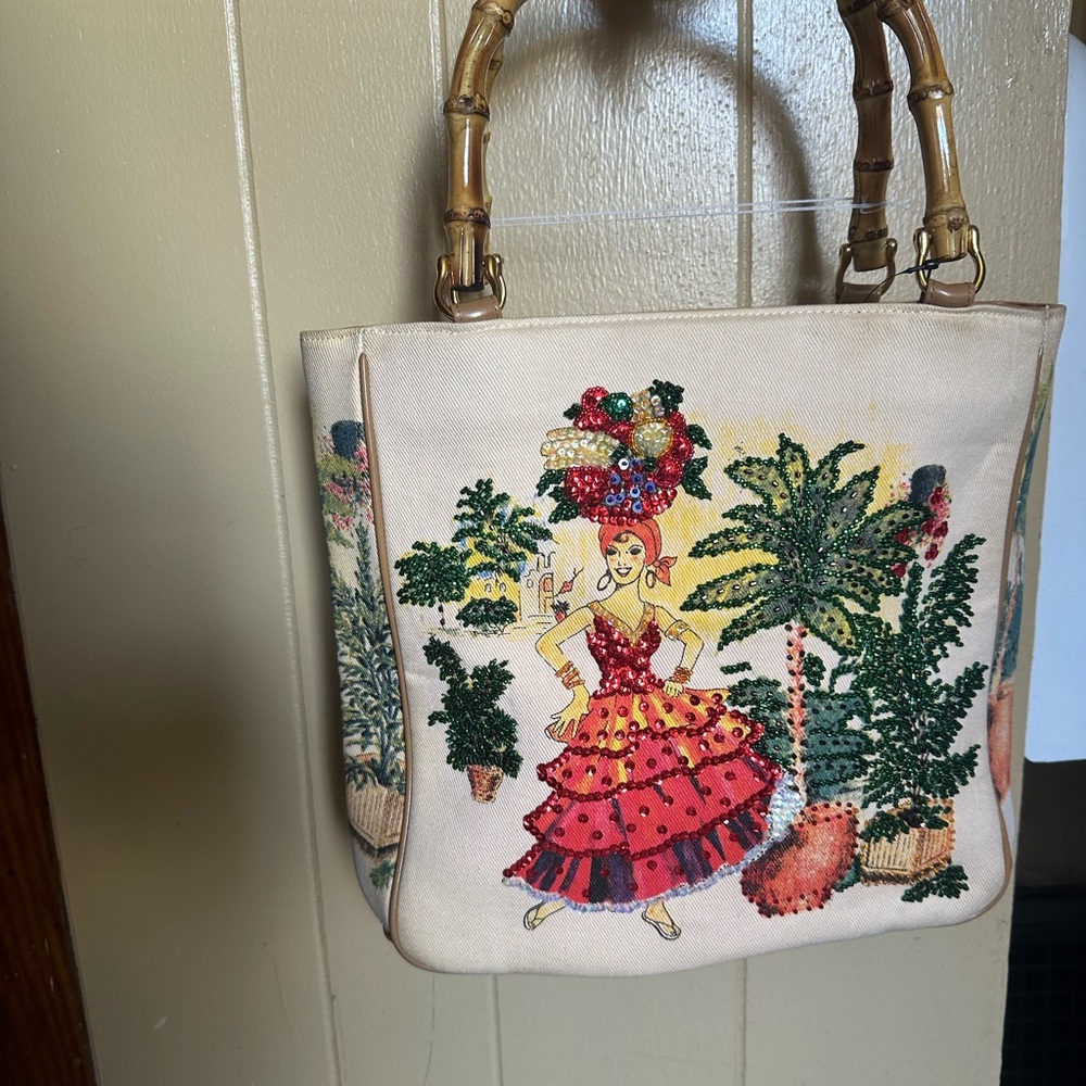 Tropical Themed Women's Bag with Bamboo Handles